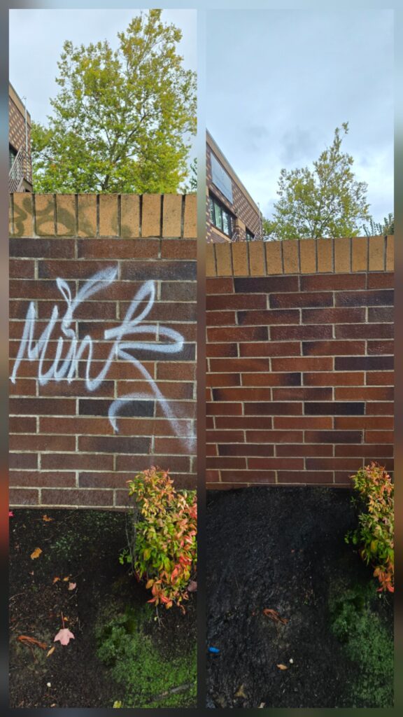 Pressure Washing Portland Graffiti Removal Before and After Image