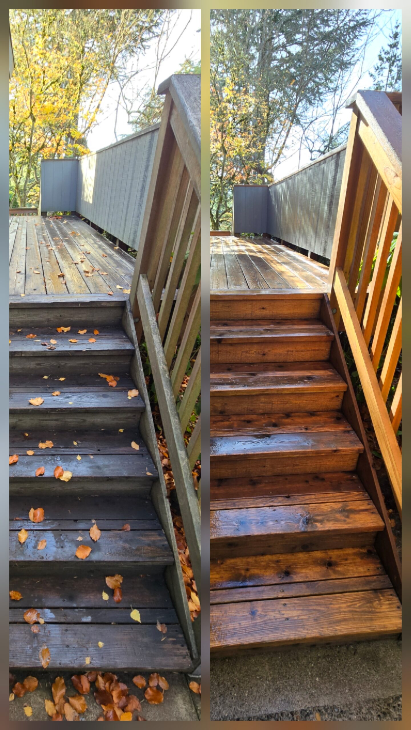 Deck stair pressure washing before and after image